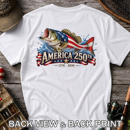 America 250th 1776–2026 American Flag Bass Fishing T-Shirt | Back Print