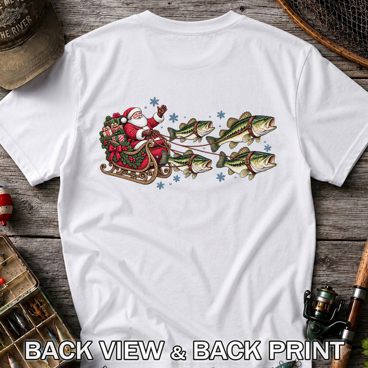 Santa in a Sleigh Pulled by Bass Christmas Fishing Graphic T-Shirt | Back Print