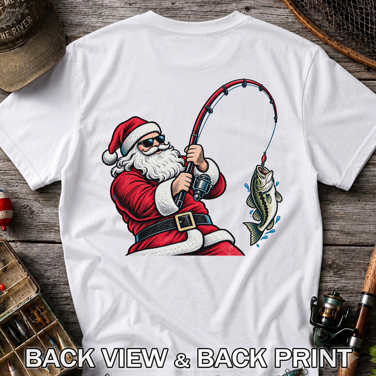 Santa Claus Catching a Bass Christmas Fishing Graphic T-Shirt | Back Print