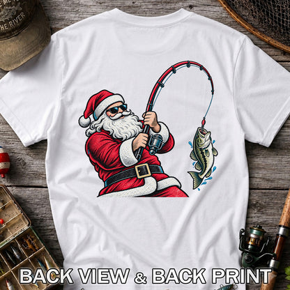 Santa Claus Catching a Bass Christmas Fishing Graphic T-Shirt | Back Print