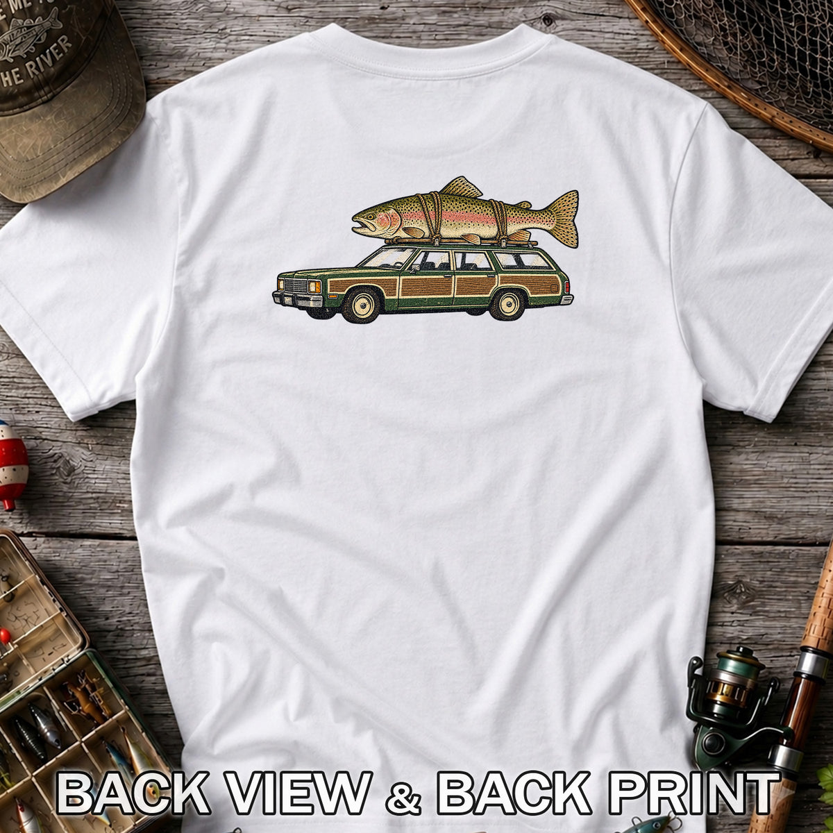 Vintage Station Wagon Carrying Rainbow Trout Fishing T-Shirt | Back Print