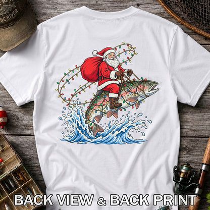 Santa Riding a Christmas-Lighted Rainbow Trout Fishing Graphic T-Shirt | Back Print