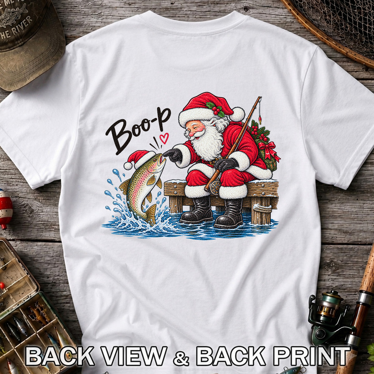 Santa Fishing for Rainbow Trout Christmas Graphic T-Shirt | Back Print