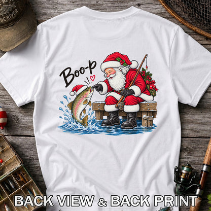 Santa Fishing for Rainbow Trout Christmas Graphic T-Shirt | Back Print