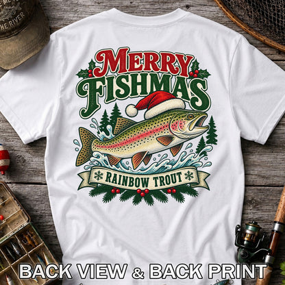 Merry Fishmas Rainbow Trout in Santa Hat Christmas Fishing T-Shirt | Back Print