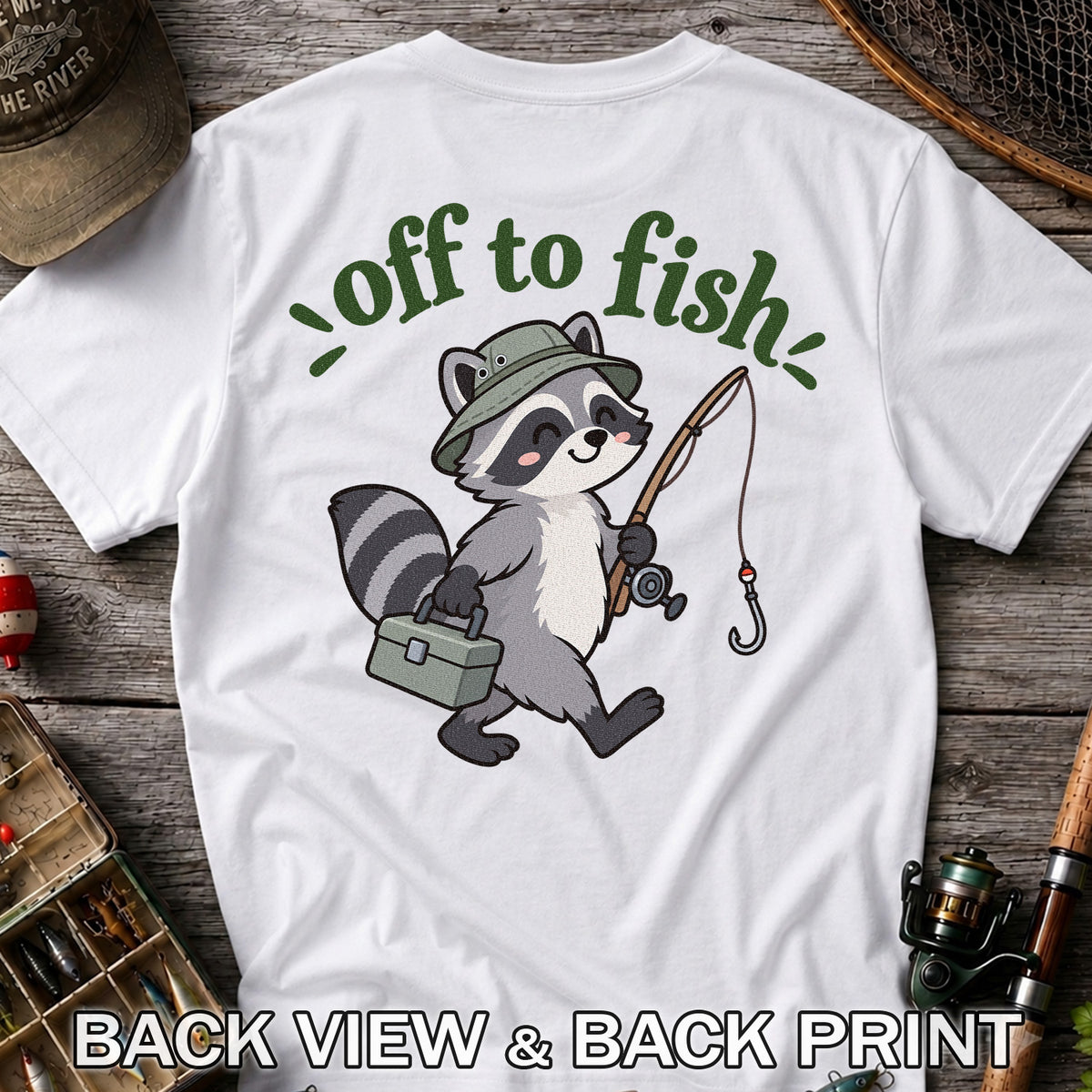 Off to Fish Cute Raccoon with Fishing Rod Graphic T-Shirt | Back Print