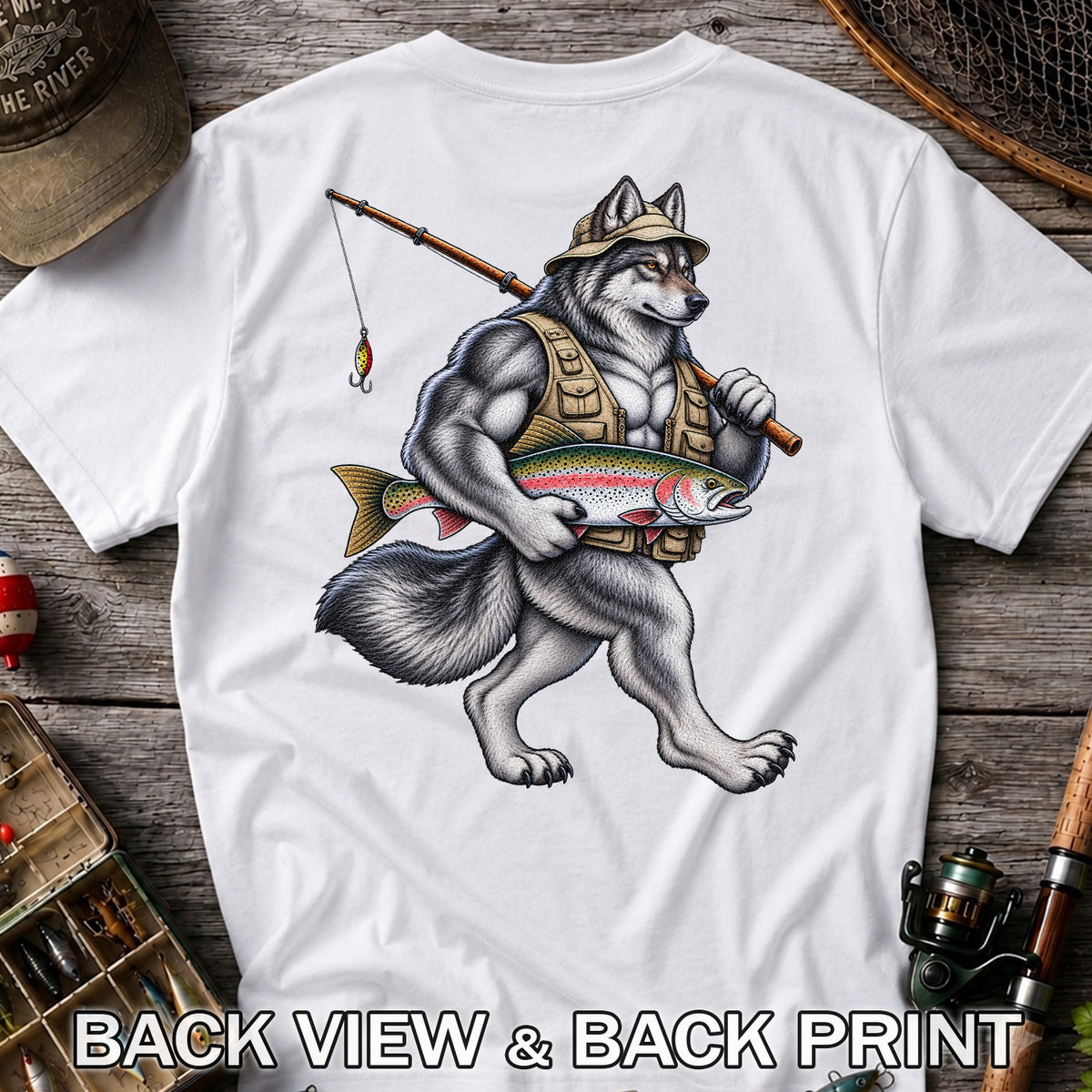 Wolf Angler Holding Rainbow Trout Fishing Graphic T-Shirt | Back Print