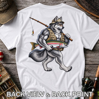 Wolf Angler Holding Rainbow Trout Fishing Graphic T-Shirt | Back Print