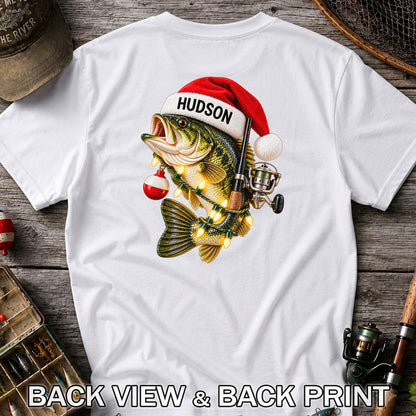 Hudson Santa Hat Bass Christmas Fishing Graphic T-Shirt | Back Print