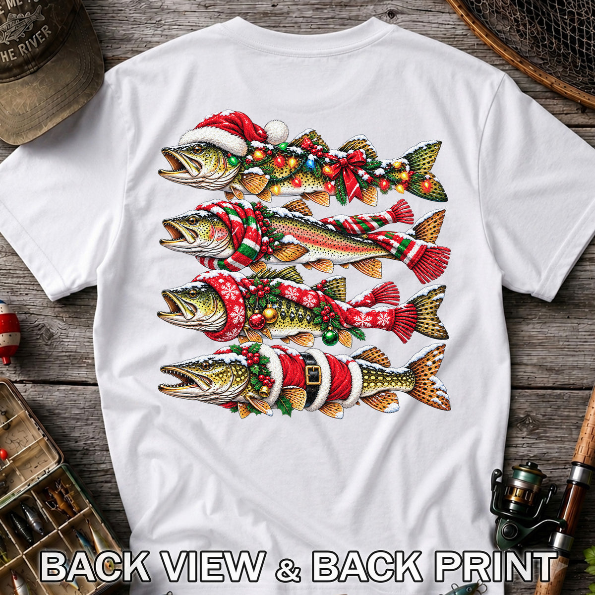 Christmas Trout Fishing Holiday Graphic T-Shirt | Back Print