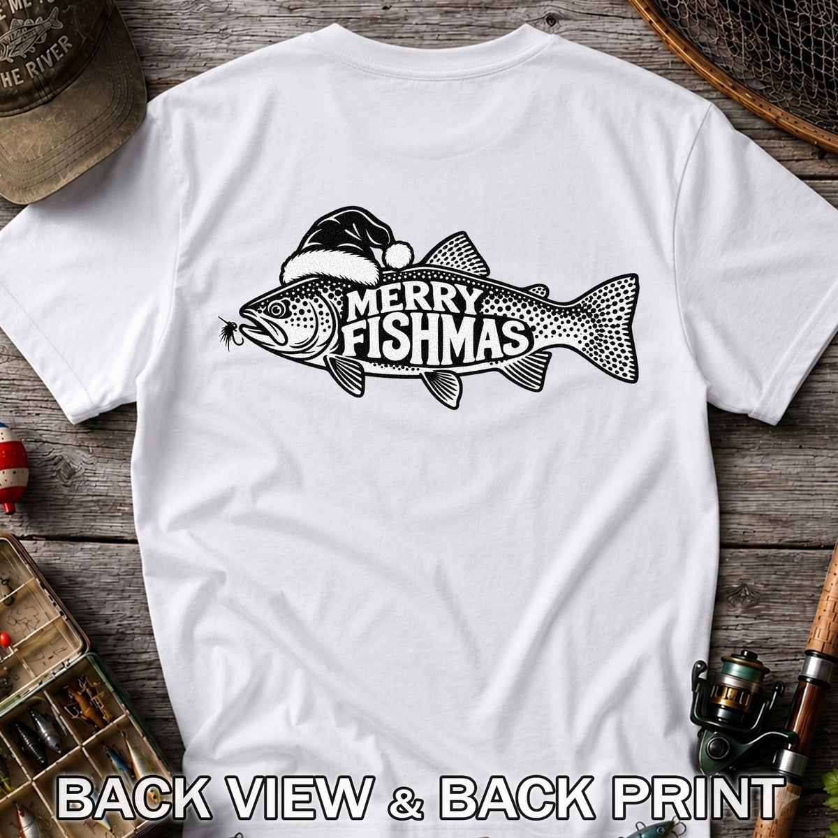 Merry Fishmas Black and White Trout Christmas Fishing T-Shirt | Back Print
