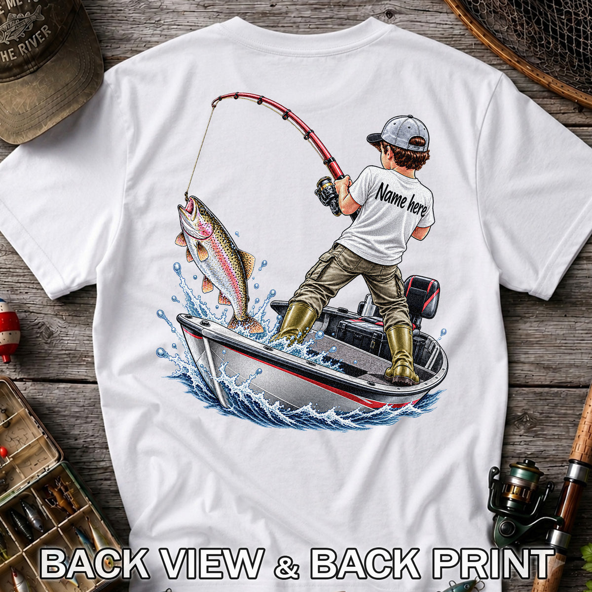 Personalized Boy Fishing Boat and Rainbow Trout Graphic T-Shirt | Back Print