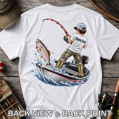 Personalized Boy Fishing Boat and Rainbow Trout Graphic T-Shirt | Back Print
