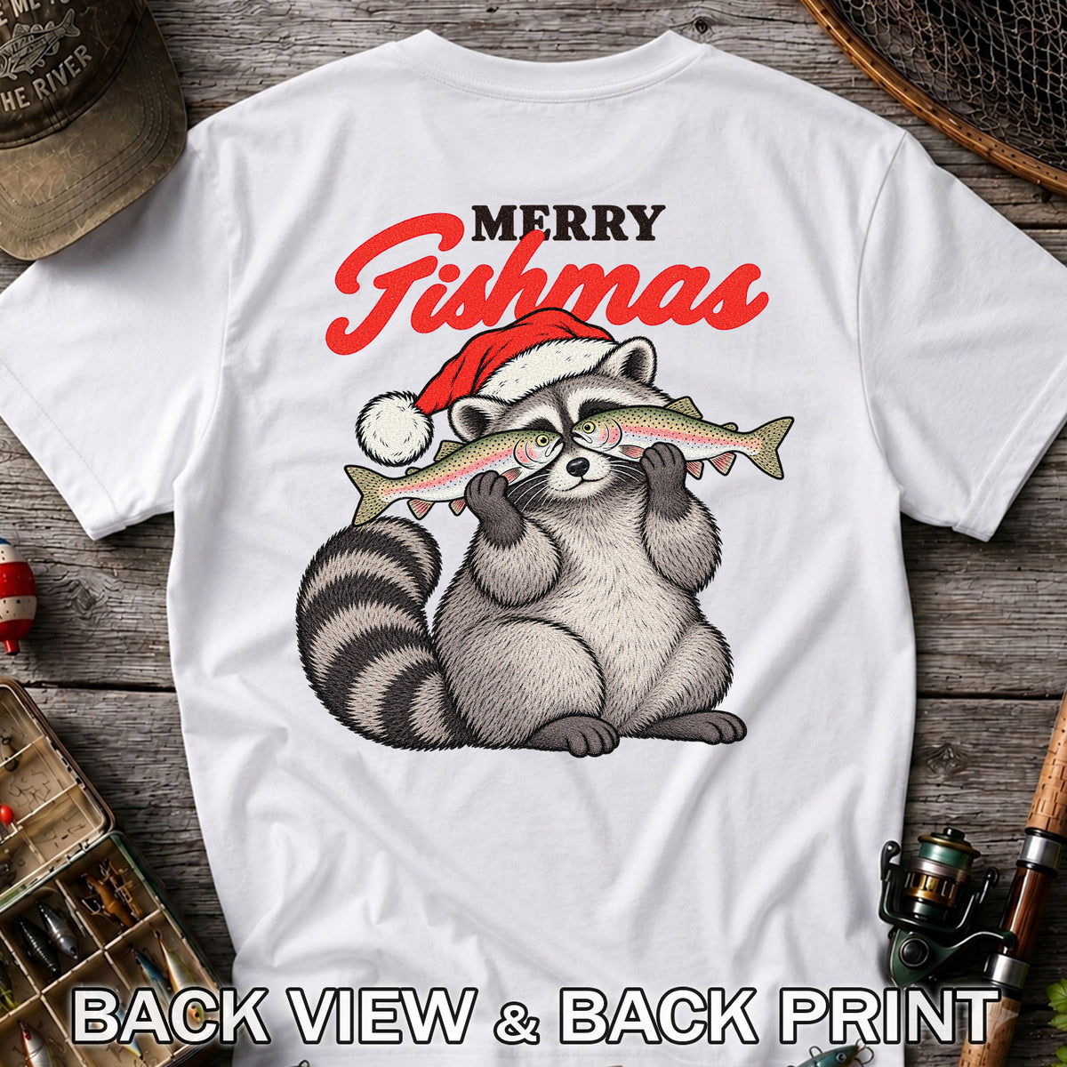 Santa Raccoon Holding Fish Christmas Fishing Graphic T-Shirt | Back Print