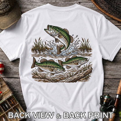 Largemouth Bass Jumping River Fishing Graphic T-Shirt | Back Print