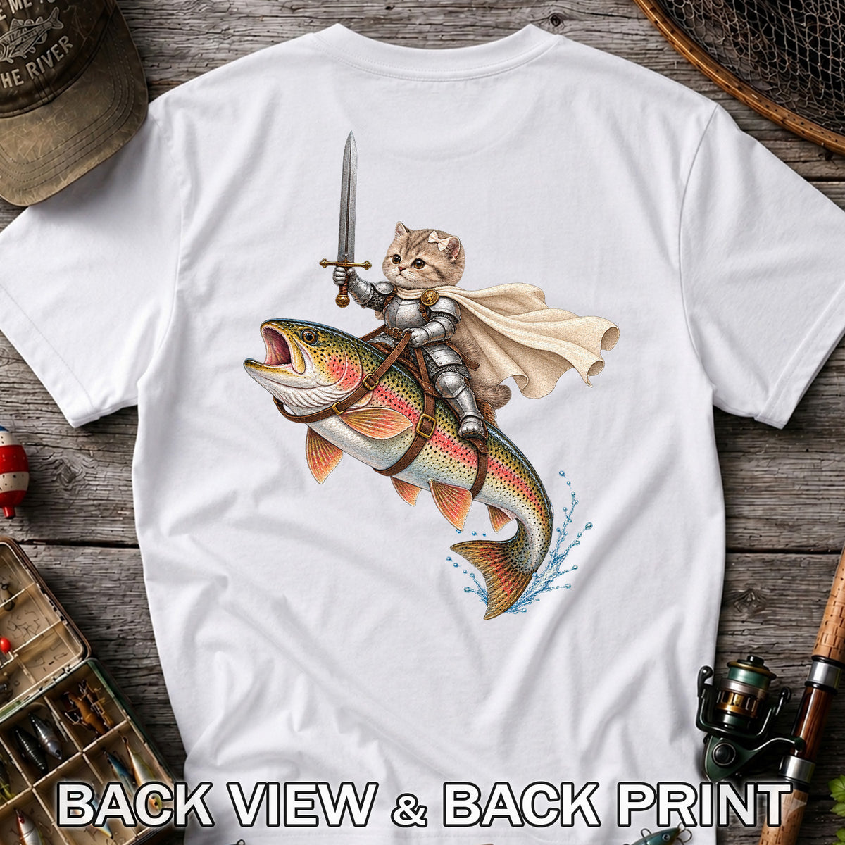Cat Knight Riding a Rainbow Trout Fishing Graphic T-Shirt | Back Print