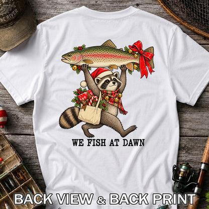 Christmas Raccoon Holding Rainbow Trout Fishing T-Shirt | Back Print