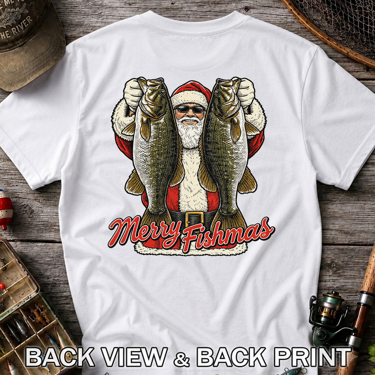 Santa Holding Bass Christmas Fishing Graphic T-Shirt | Back Print