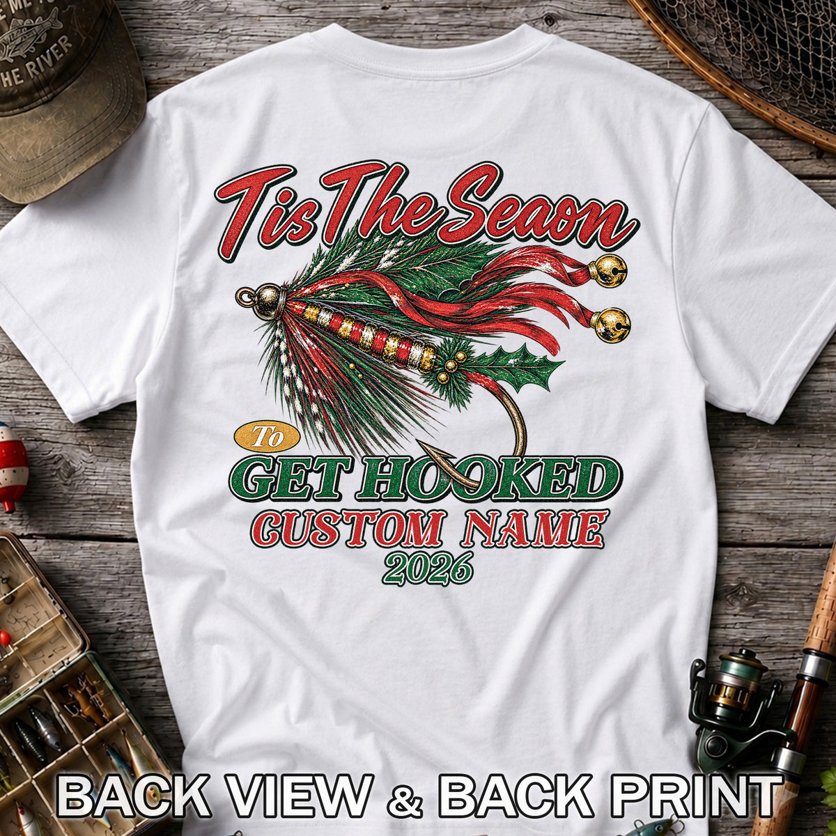 Personalized Christmas Fly Fishing Custom Name T-Shirt | Back Print