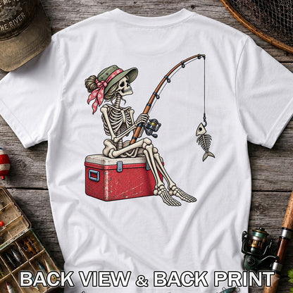 Skeleton Woman Fishing on a Cooler with Fish Bones Graphic T-Shirt | Back Print