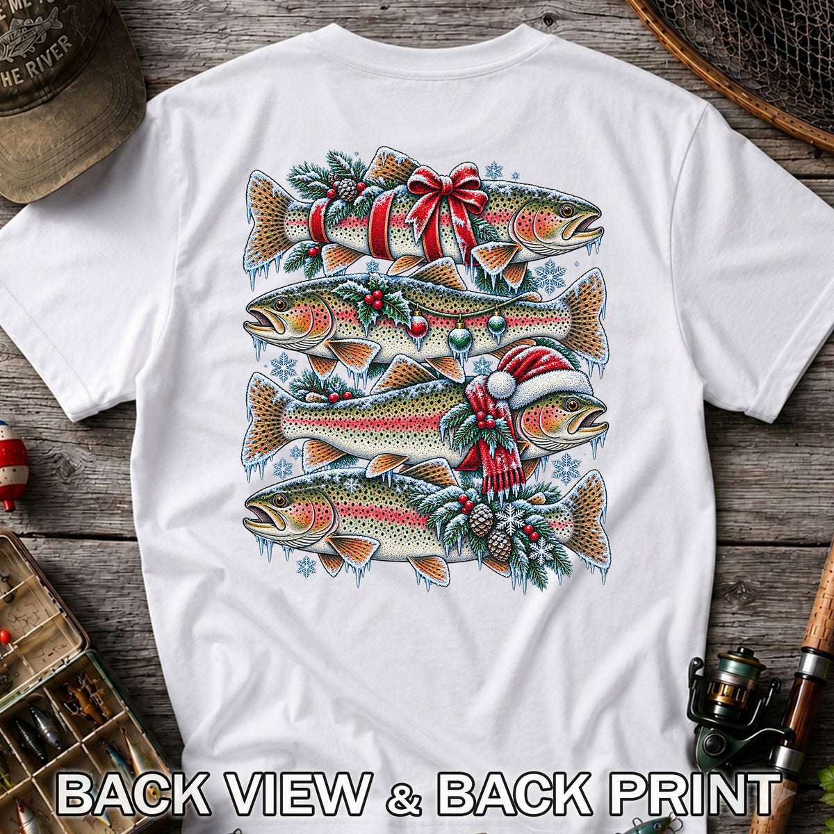 Festive Rainbow Trout Christmas Fishing Graphic T-Shirt | Back Print