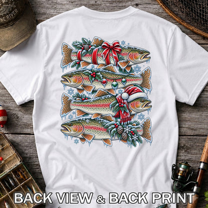 Festive Rainbow Trout Christmas Fishing Graphic T-Shirt | Back Print