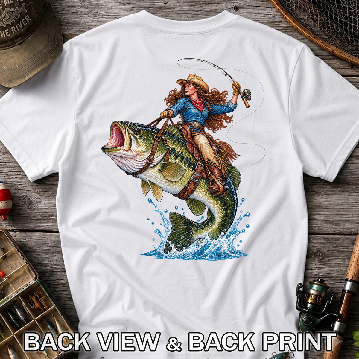 Cowgirl Riding a Largemouth Bass Fishing Graphic T-Shirt | Back Print