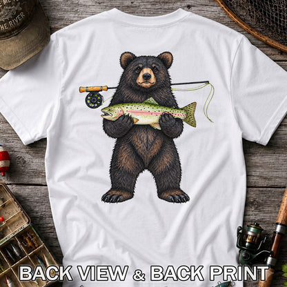Black Bear Holding Rainbow Trout Fly Fishing Graphic T-Shirt | Back Print