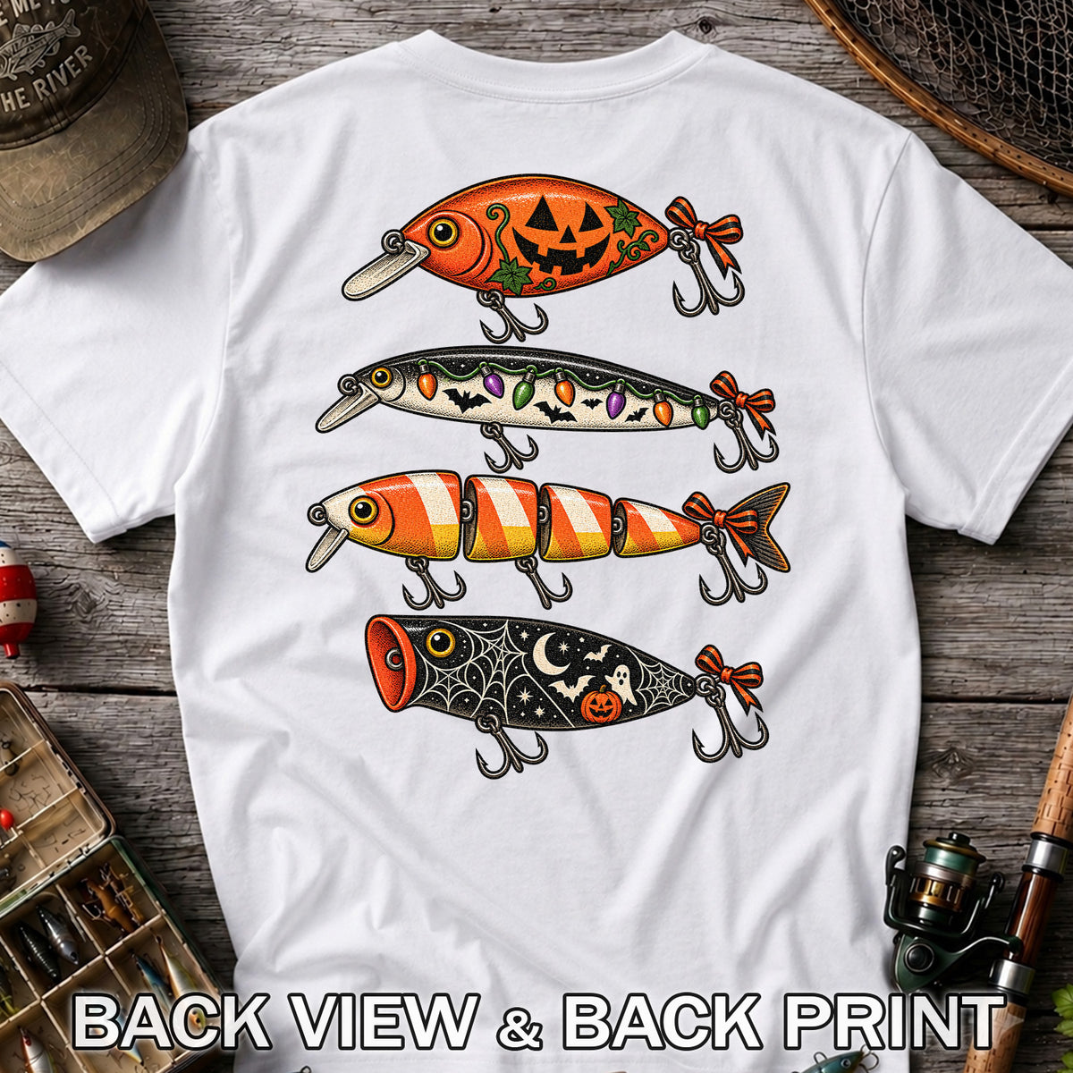 Halloween Fishing Lures with Pumpkin, Ghost and Candy Corn Graphic T-Shirt | Back Print
