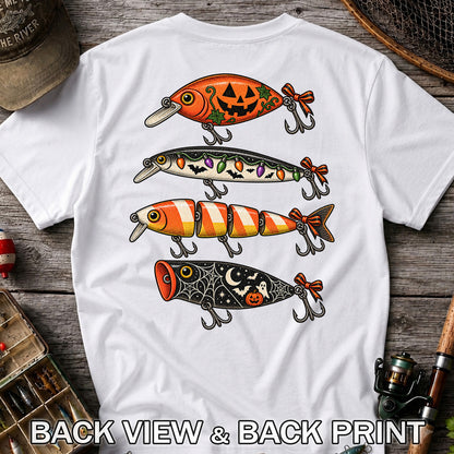 Halloween Fishing Lures with Pumpkin, Ghost and Candy Corn Graphic T-Shirt | Back Print
