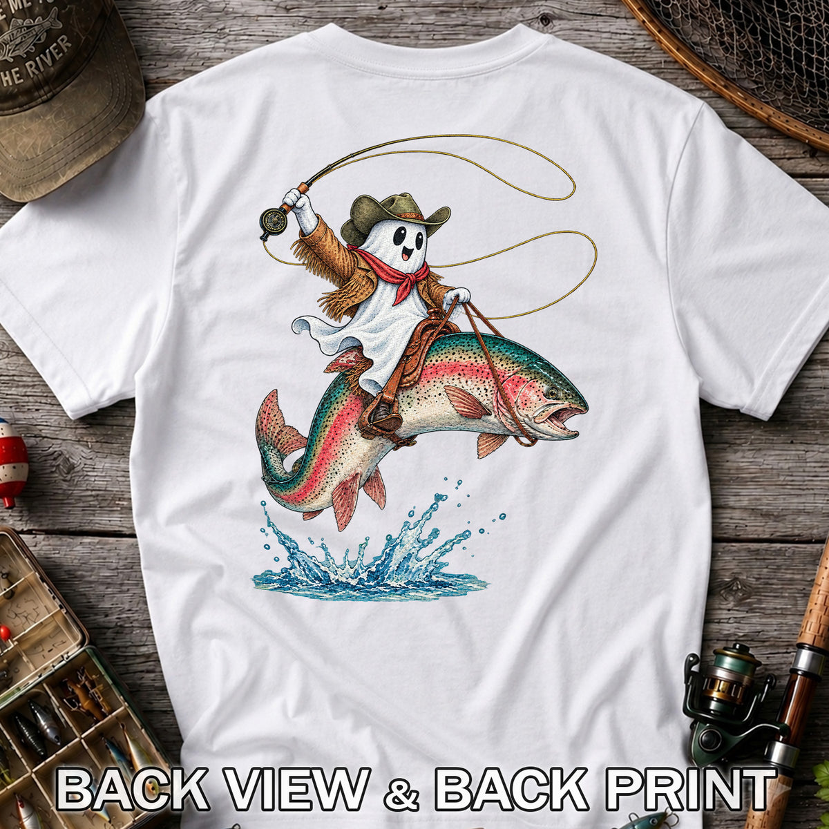 Ghost Cowboy Riding a Rainbow Trout Halloween Fishing T-Shirt | Back Print