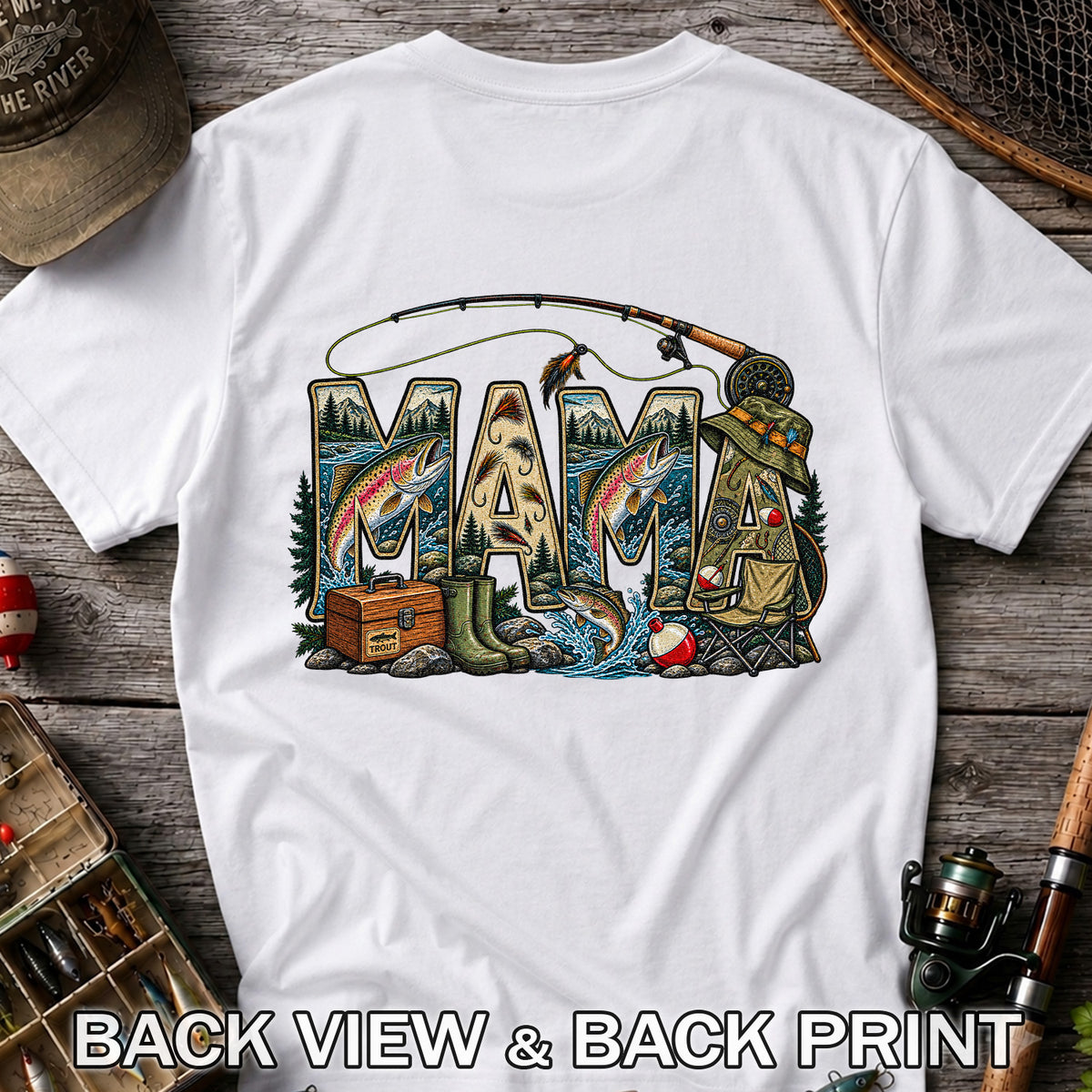 Mama Rainbow Trout Fly Fishing Vintage Graphic T-Shirt | Back Print