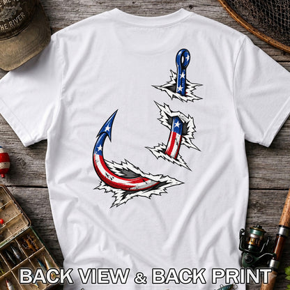 Patriotic American Flag Fishing Hooks Graphic T-Shirt | Back Print