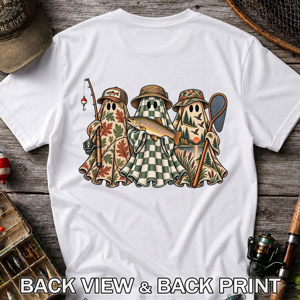 Autumn Ghost Trio with Brown Trout Halloween Fishing T-Shirt | Back Print