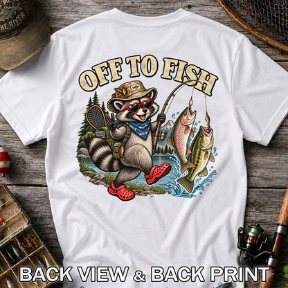 Off to Fish Raccoon with Trout and Bass Fishing T-Shirt | Back Print
