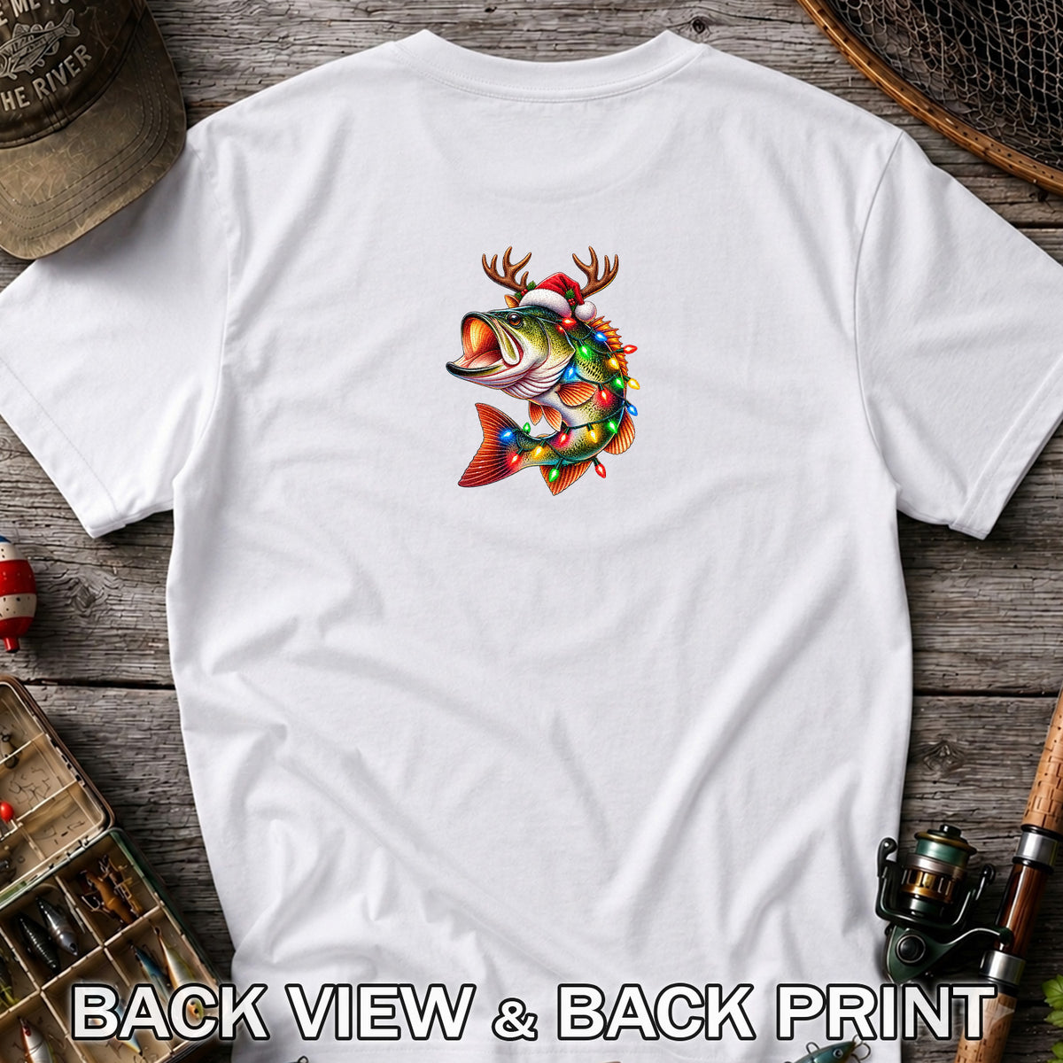 Christmas Bass with Santa Hat, Antlers and Holiday Lights Fishing T-Shirt | Back Print