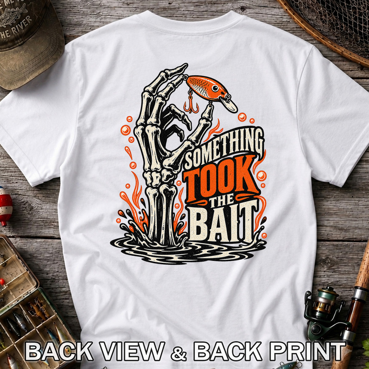Skeleton Took the Bait Fishing Lure Gothic Graphic T-Shirt | Back Print