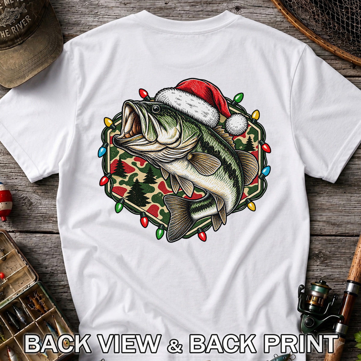 Santa Hat Largemouth Bass Christmas Fishing Graphic T-Shirt | Back Print