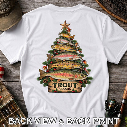Trout Season Fish Christmas Tree Fishing T-Shirt | Back Print