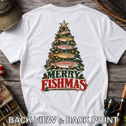 Merry Fishmas Trout Christmas Tree Fishing T-Shirt | Back Print