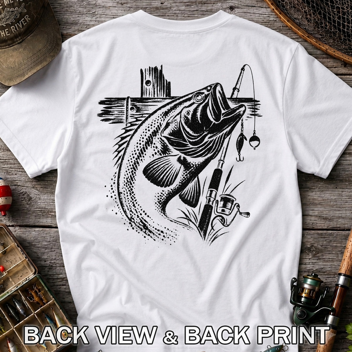 Largemouth Bass Fishing Rod Vintage Graphic T-Shirt | Back Print