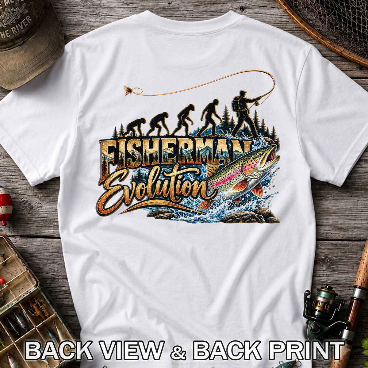 Fisherman Evolution Rainbow Trout Fly Fishing Graphic T-Shirt | Back Print
