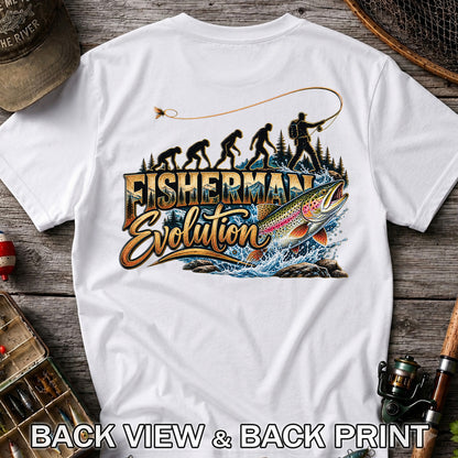 Fisherman Evolution Rainbow Trout Fly Fishing Graphic T-Shirt | Back Print