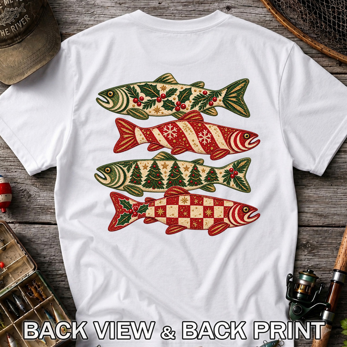 Christmas Trout Holiday Pattern Fishing Graphic T-Shirt | Back Print