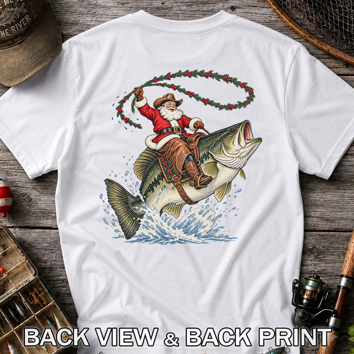 Cowboy Santa Riding a Jumping Bass Christmas Fishing Graphic T-Shirt | Back Print