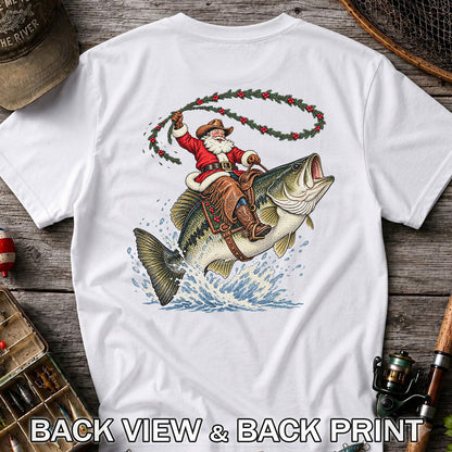 Cowboy Santa Riding a Jumping Bass Christmas Fishing Graphic T-Shirt | Back Print