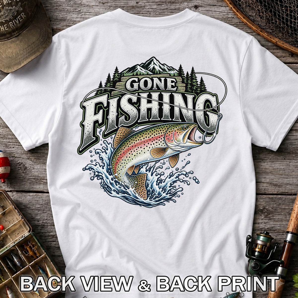 Gone Fishing Rainbow Trout and Mountains Graphic T-Shirt | Back Print