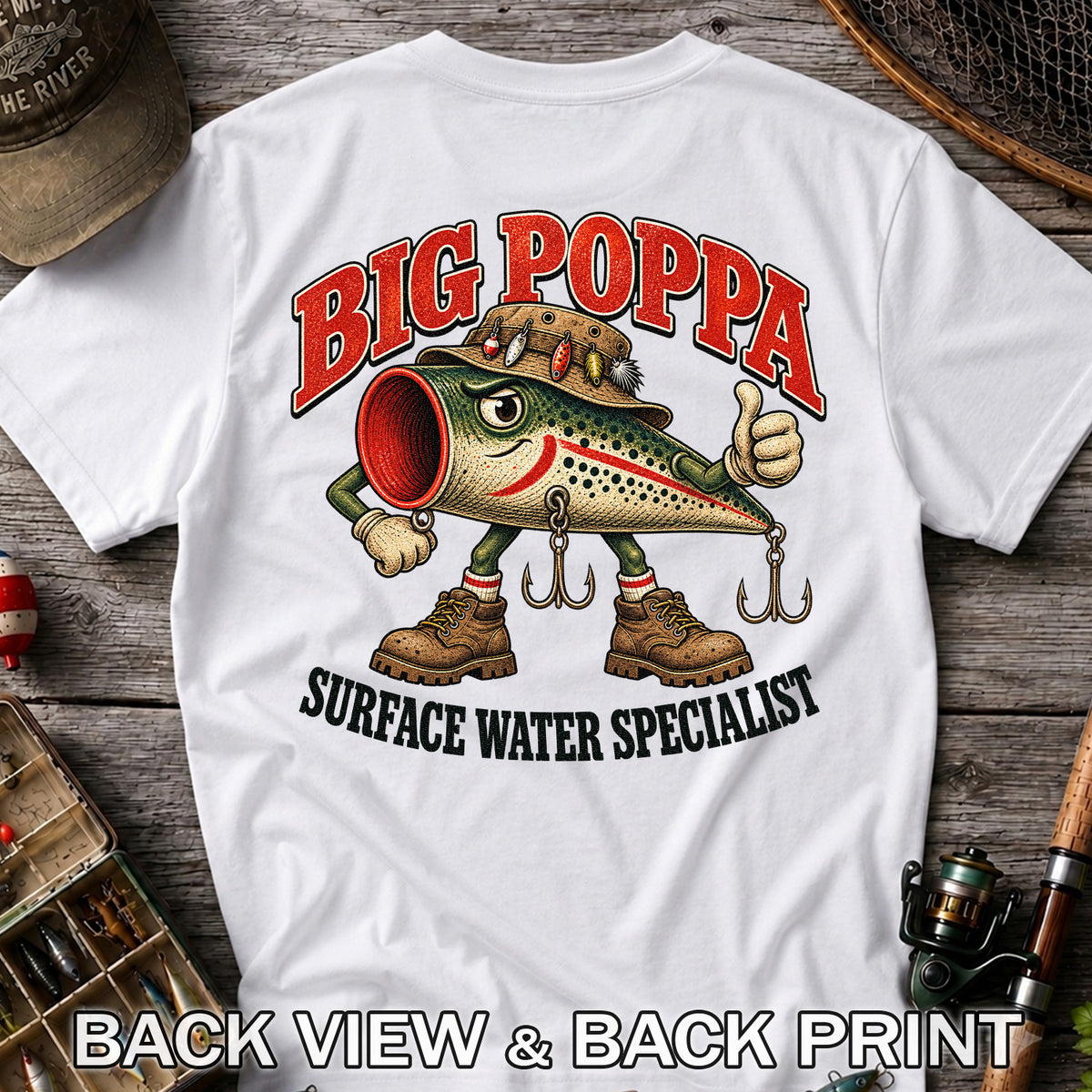 Big Poppa Surface Water Specialist Fishing Lure Graphic T-Shirt | Back Print