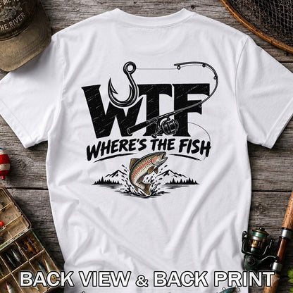 WTF Where's the Fish Jumping Trout and Fishing Rod T-Shirt | Back Print