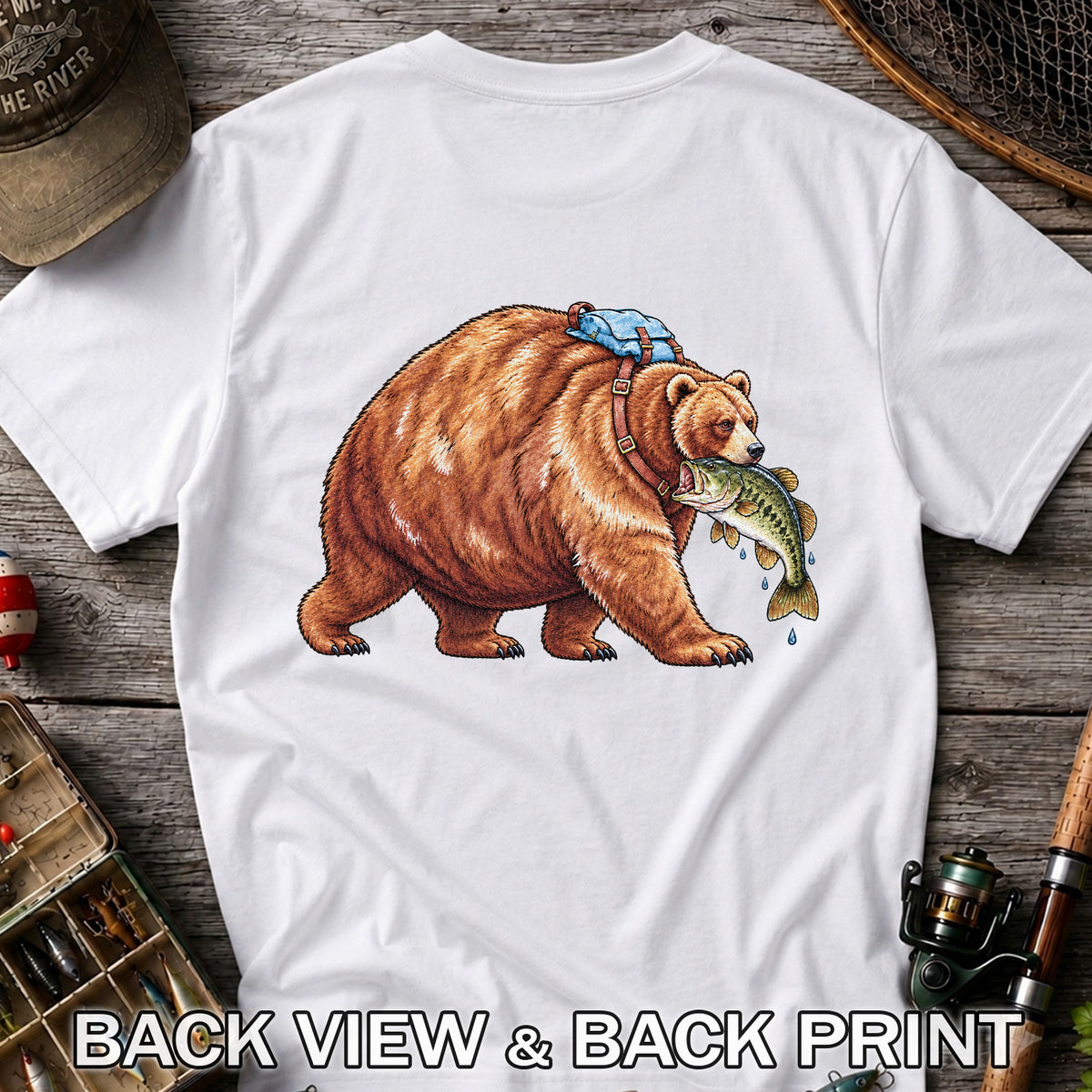Bear Carrying Bass Fishing Wildlife Graphic T-Shirt | Back Print